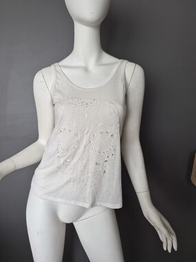White Scoop Neck Tank with Embroidered Skull With Cutouts